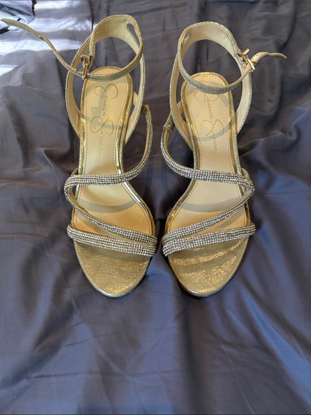 Jessica Simpson Metallic Gold Rhinestone Strappy Heels